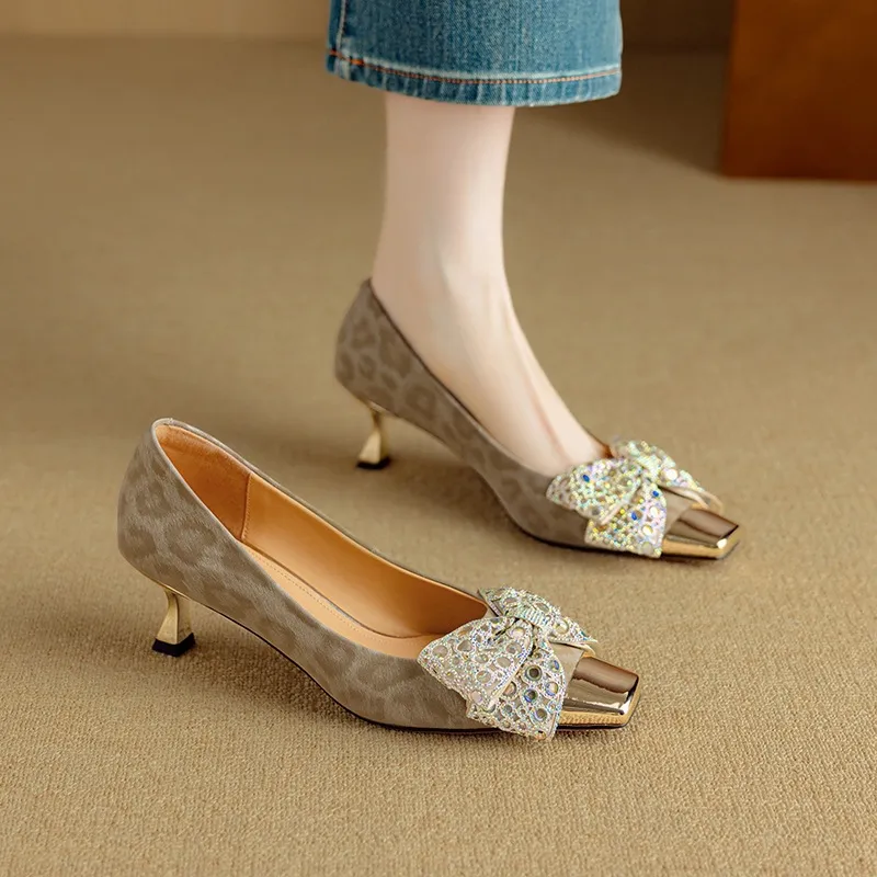 Spring/Summer Single Shoes, Square Toe, Shallow Mouth, Bow, Fairy Style, Metallic Iron Toe Women's Shoes