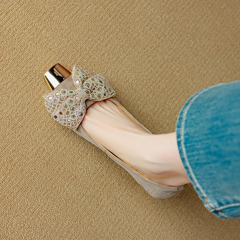 Spring/Summer Single Shoes, Square Toe, Shallow Mouth, Bow, Fairy Style, Metallic Iron Toe Women's Shoes