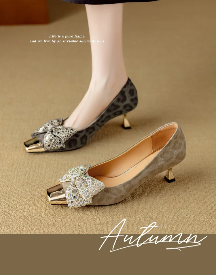 Spring/Summer Single Shoes, Square Toe, Shallow Mouth, Bow, Fairy Style, Metallic Iron Toe Women's Shoes