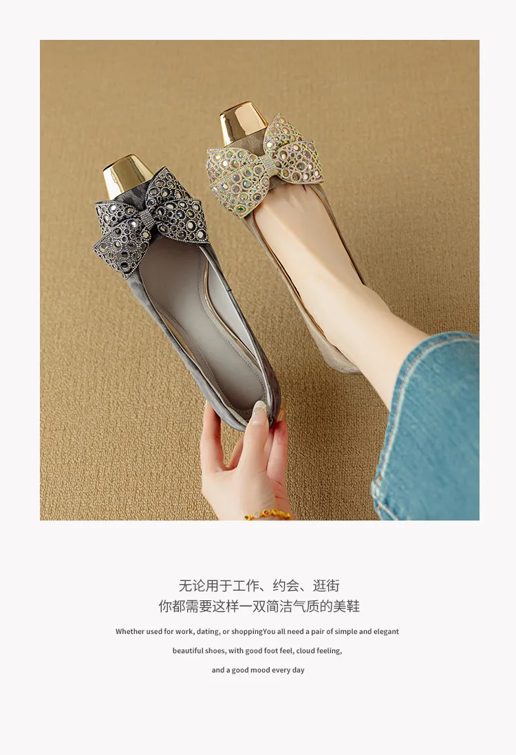 Spring/Summer Single Shoes, Square Toe, Shallow Mouth, Bow, Fairy Style, Metallic Iron Toe Women's Shoes