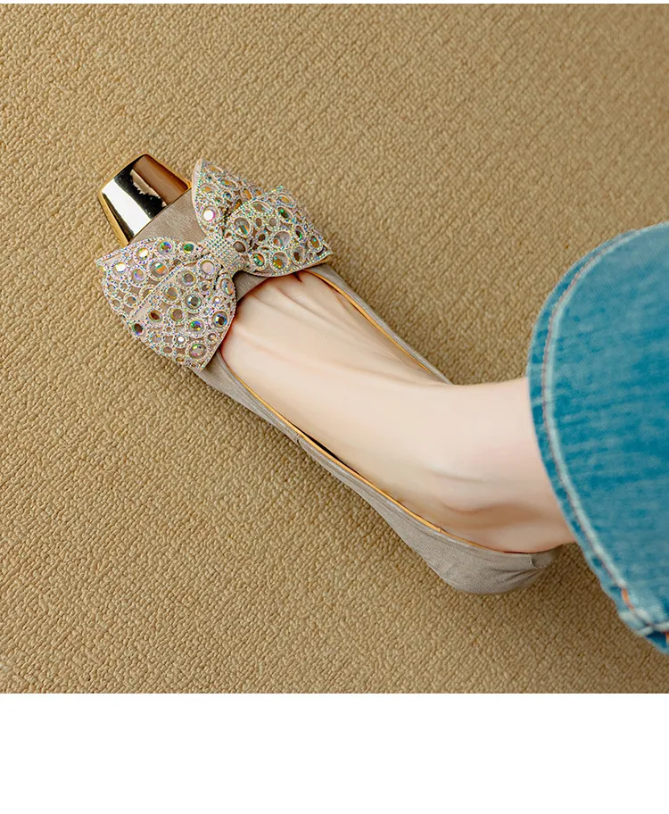 Spring/Summer Single Shoes, Square Toe, Shallow Mouth, Bow, Fairy Style, Metallic Iron Toe Women's Shoes