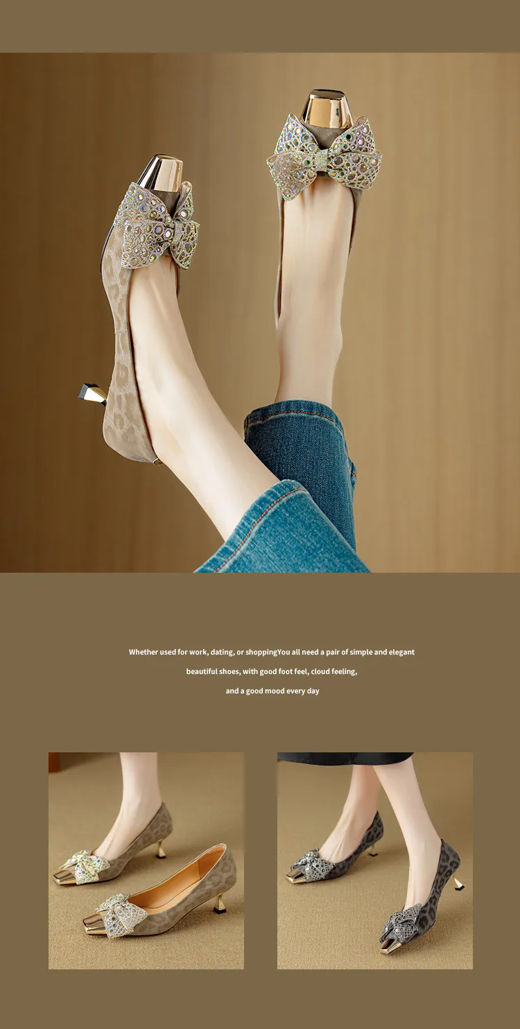 Spring/Summer Single Shoes, Square Toe, Shallow Mouth, Bow, Fairy Style, Metallic Iron Toe Women's Shoes