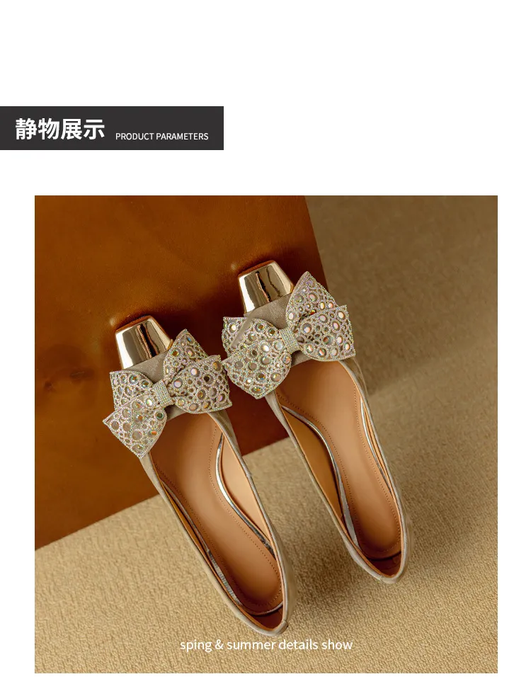 Spring/Summer Single Shoes, Square Toe, Shallow Mouth, Bow, Fairy Style, Metallic Iron Toe Women's Shoes