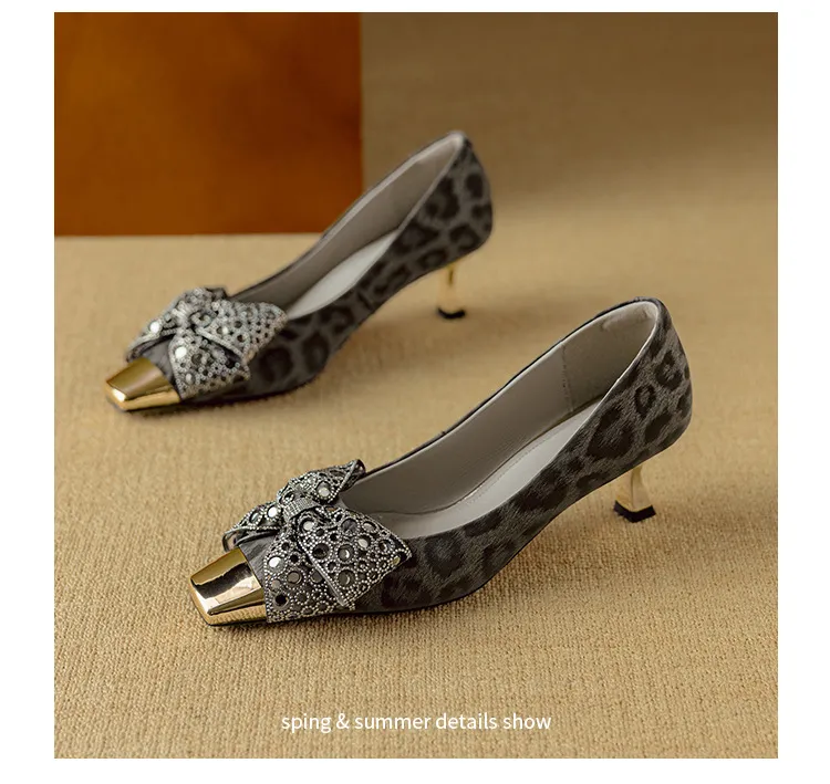 Spring/Summer Single Shoes, Square Toe, Shallow Mouth, Bow, Fairy Style, Metallic Iron Toe Women's Shoes