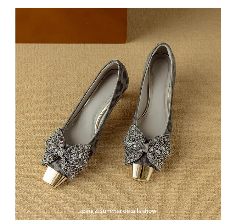 Spring/Summer Single Shoes, Square Toe, Shallow Mouth, Bow, Fairy Style, Metallic Iron Toe Women's Shoes