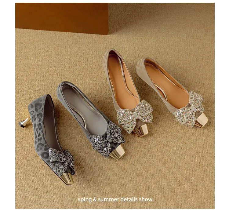 Spring/Summer Single Shoes, Square Toe, Shallow Mouth, Bow, Fairy Style, Metallic Iron Toe Women's Shoes
