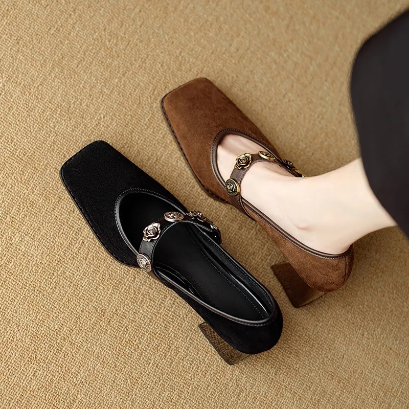 Chunxia square-toe chunky heeled high-heeled single shoes with buckle, elegant and comfortable sheepskin women's shoes
