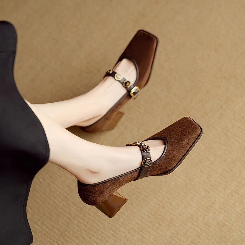 Chunxia square-toe chunky heeled high-heeled single shoes with buckle, elegant and comfortable sheepskin women's shoes