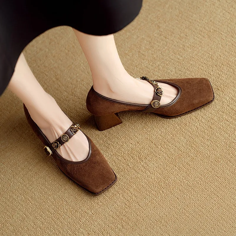 Chunxia square-toe chunky heeled high-heeled single shoes with buckle, elegant and comfortable sheepskin women's shoes