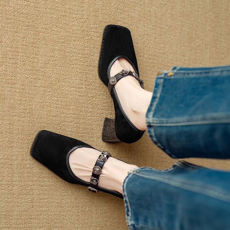Chunxia square-toe chunky heeled high-heeled single shoes with buckle, elegant and comfortable sheepskin women's shoes
