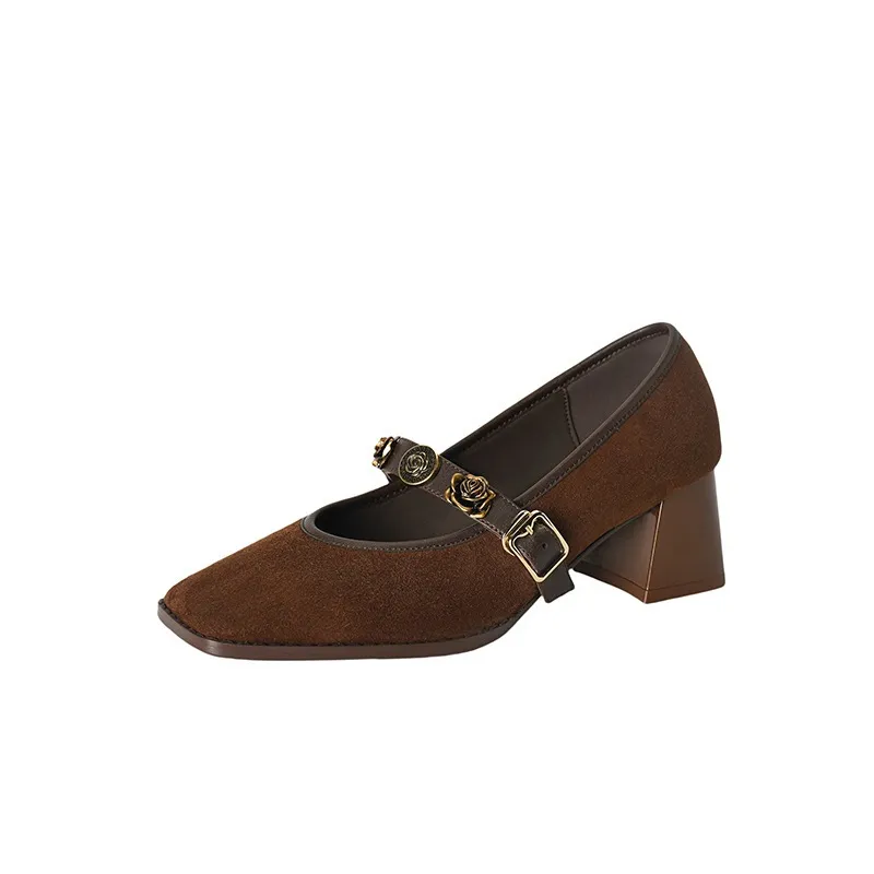Chunxia square-toe chunky heeled high-heeled single shoes with buckle, elegant and comfortable sheepskin women's shoes