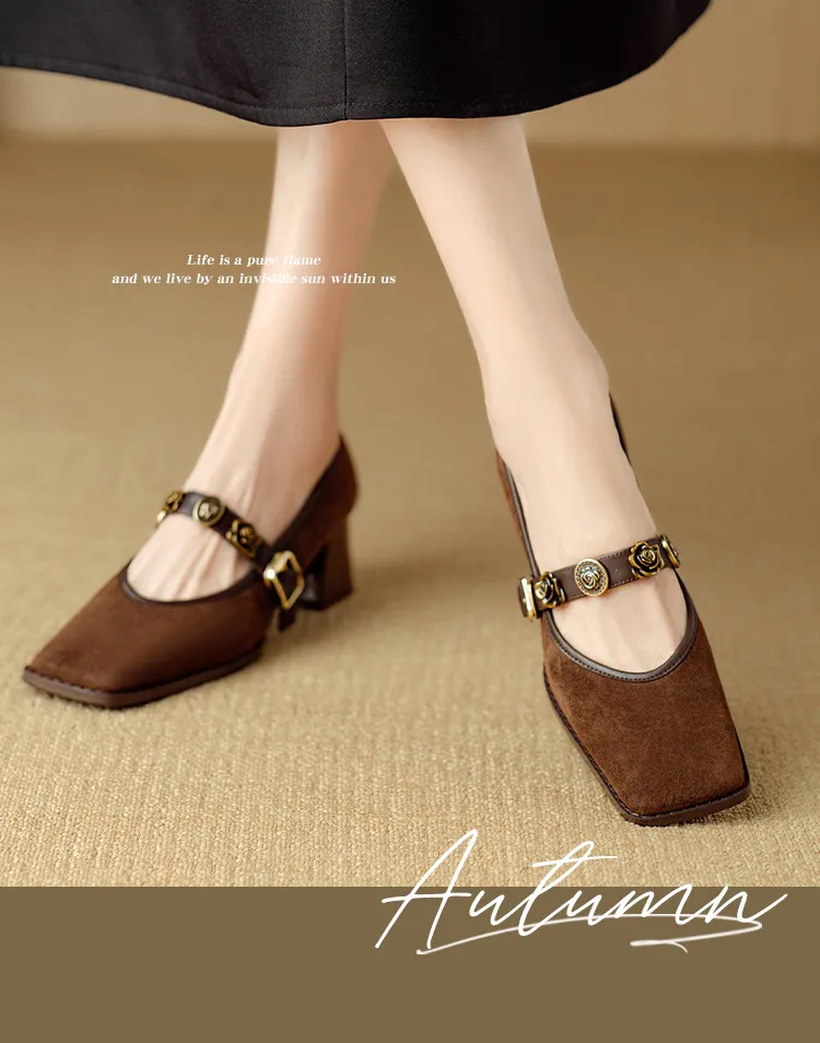 Chunxia square-toe chunky heeled high-heeled single shoes with buckle, elegant and comfortable sheepskin women's shoes