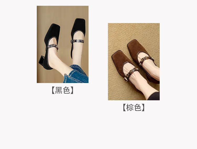 Chunxia square-toe chunky heeled high-heeled single shoes with buckle, elegant and comfortable sheepskin women's shoes