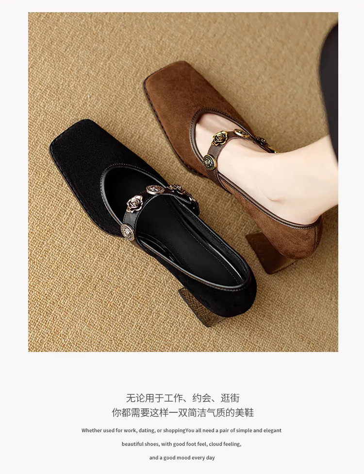 Chunxia square-toe chunky heeled high-heeled single shoes with buckle, elegant and comfortable sheepskin women's shoes