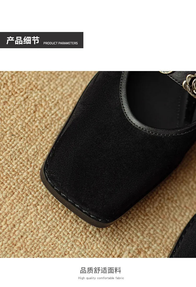 Chunxia square-toe chunky heeled high-heeled single shoes with buckle, elegant and comfortable sheepskin women's shoes