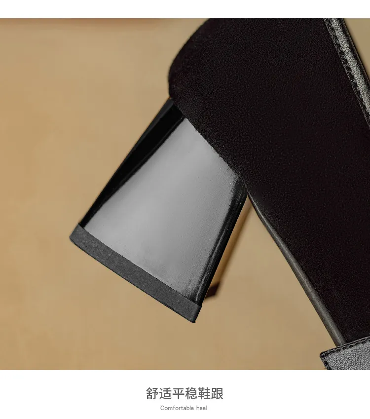 Chunxia square-toe chunky heeled high-heeled single shoes with buckle, elegant and comfortable sheepskin women's shoes