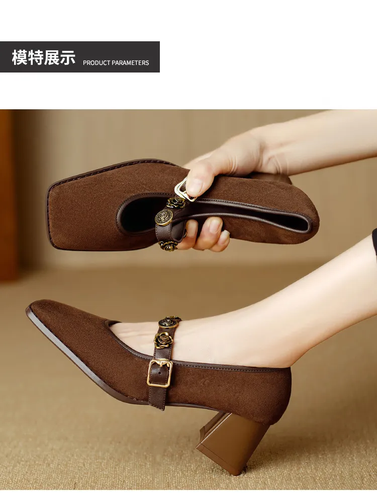 Chunxia square-toe chunky heeled high-heeled single shoes with buckle, elegant and comfortable sheepskin women's shoes