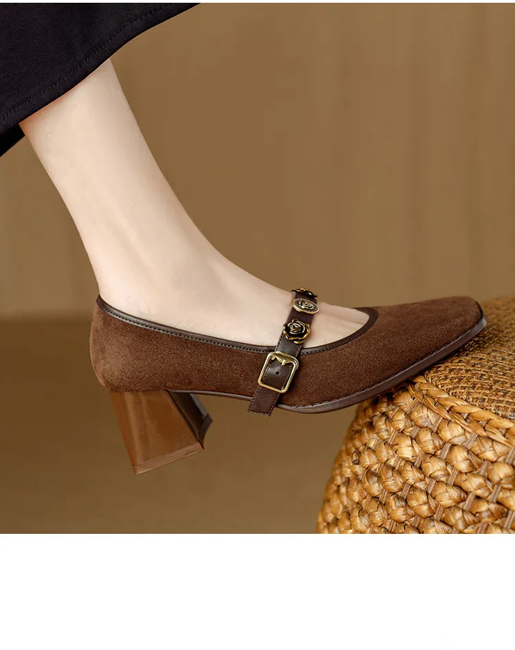 Chunxia square-toe chunky heeled high-heeled single shoes with buckle, elegant and comfortable sheepskin women's shoes