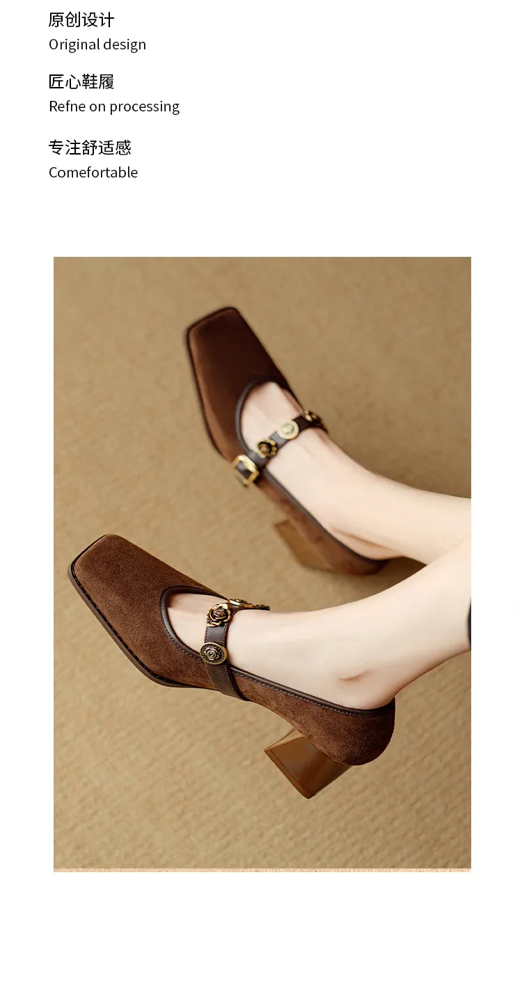 Chunxia square-toe chunky heeled high-heeled single shoes with buckle, elegant and comfortable sheepskin women's shoes
