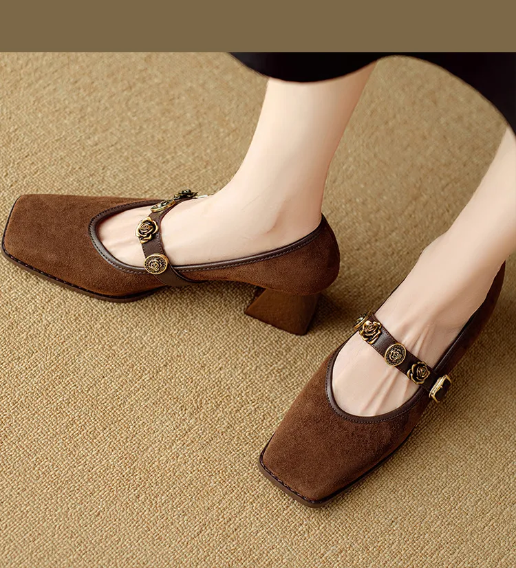 Chunxia square-toe chunky heeled high-heeled single shoes with buckle, elegant and comfortable sheepskin women's shoes