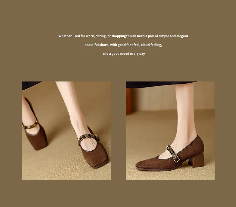 Chunxia square-toe chunky heeled high-heeled single shoes with buckle, elegant and comfortable sheepskin women's shoes