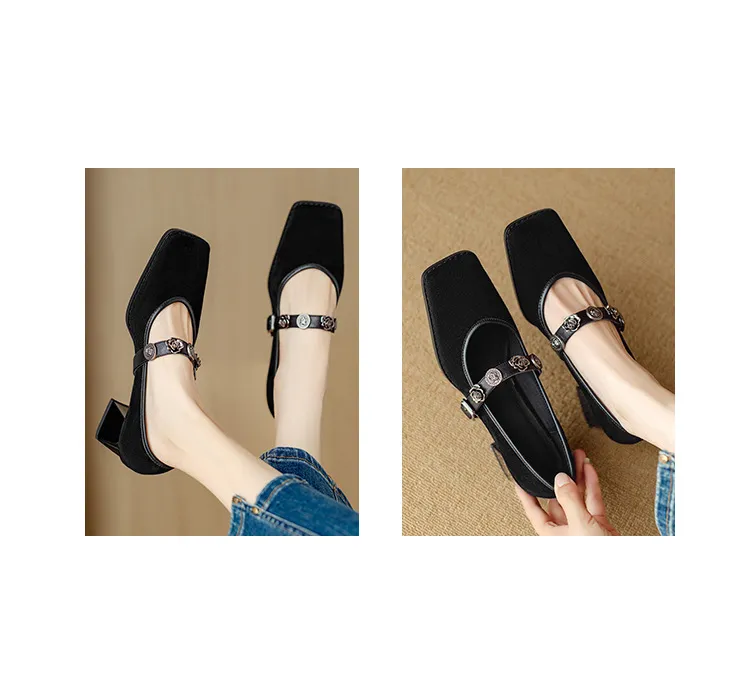 Chunxia square-toe chunky heeled high-heeled single shoes with buckle, elegant and comfortable sheepskin women's shoes