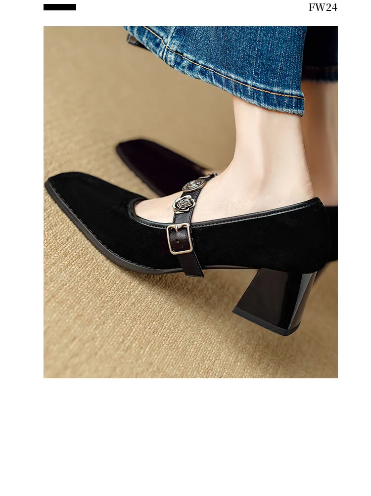 Chunxia square-toe chunky heeled high-heeled single shoes with buckle, elegant and comfortable sheepskin women's shoes
