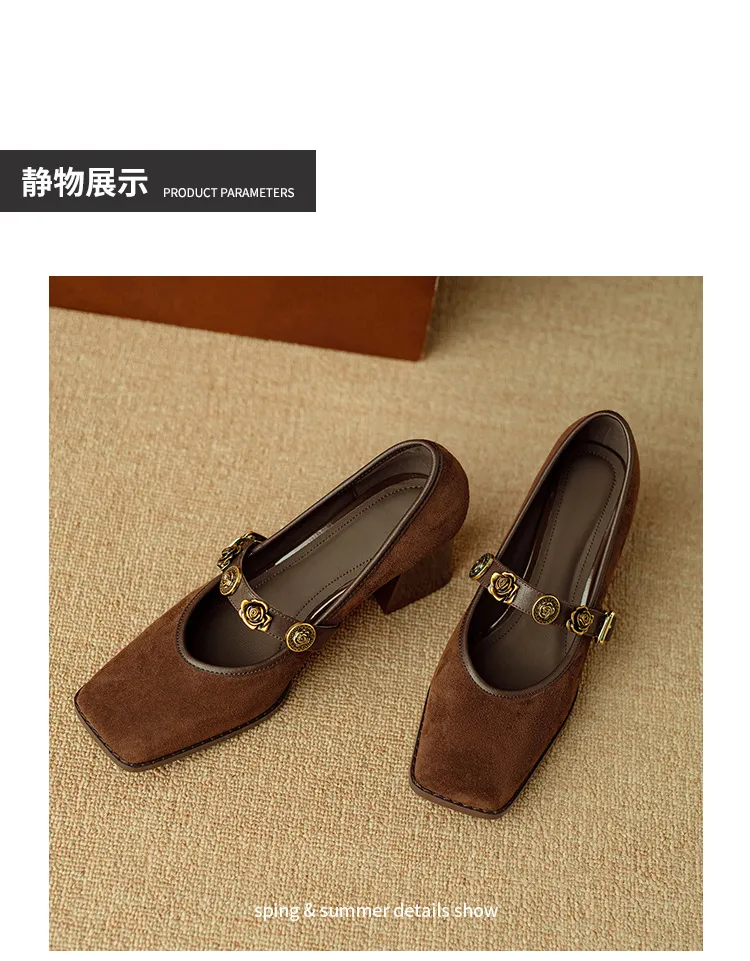 Chunxia square-toe chunky heeled high-heeled single shoes with buckle, elegant and comfortable sheepskin women's shoes
