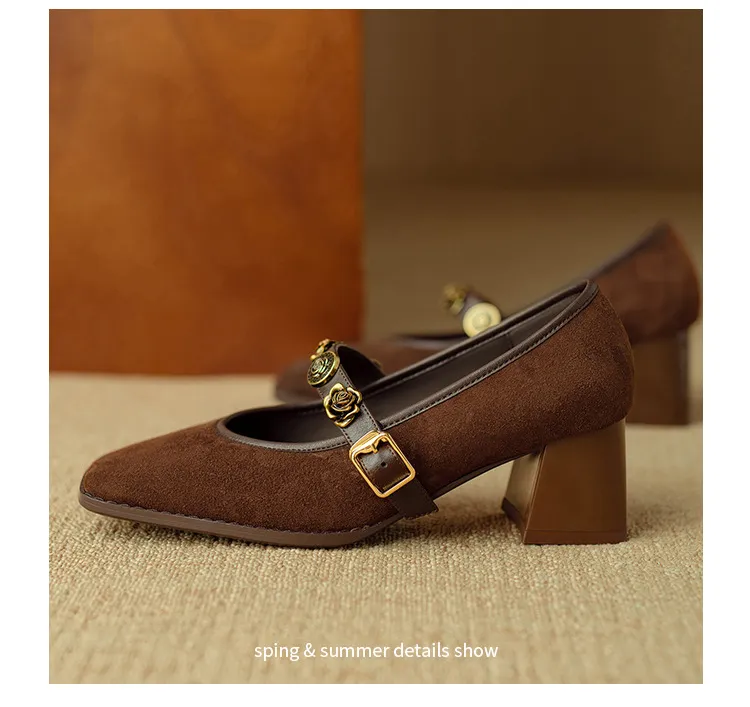 Chunxia square-toe chunky heeled high-heeled single shoes with buckle, elegant and comfortable sheepskin women's shoes