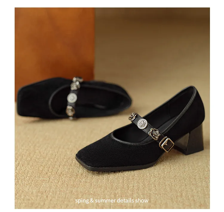 Chunxia square-toe chunky heeled high-heeled single shoes with buckle, elegant and comfortable sheepskin women's shoes