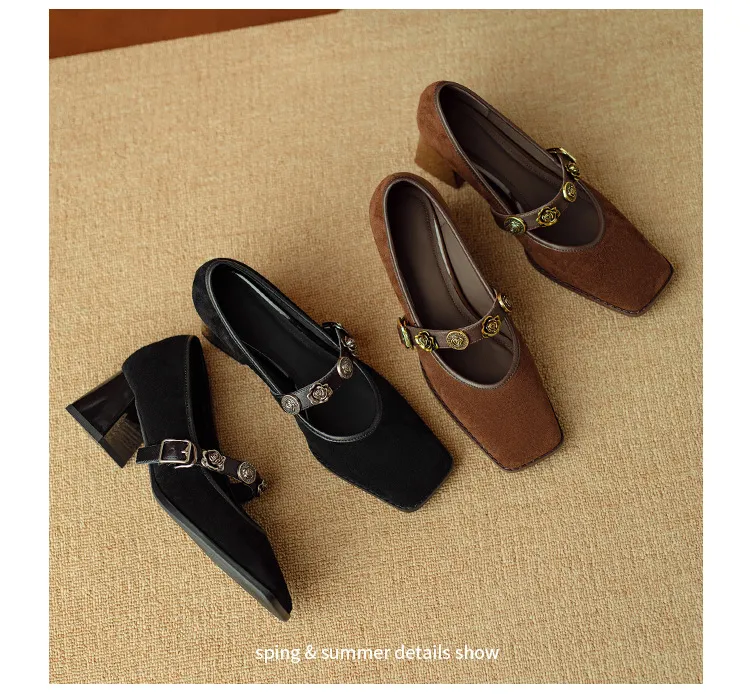 Chunxia square-toe chunky heeled high-heeled single shoes with buckle, elegant and comfortable sheepskin women's shoes