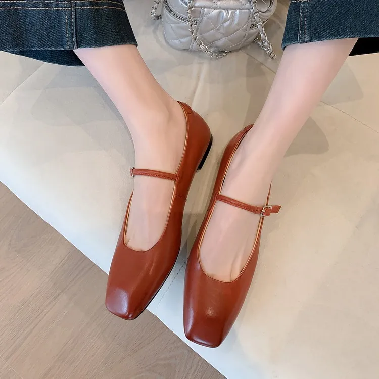 Spring/Summer Square Toe Flat Heel Buckle Shoes, Leather Solid Color Women's Shoes, Black, Red, Gray