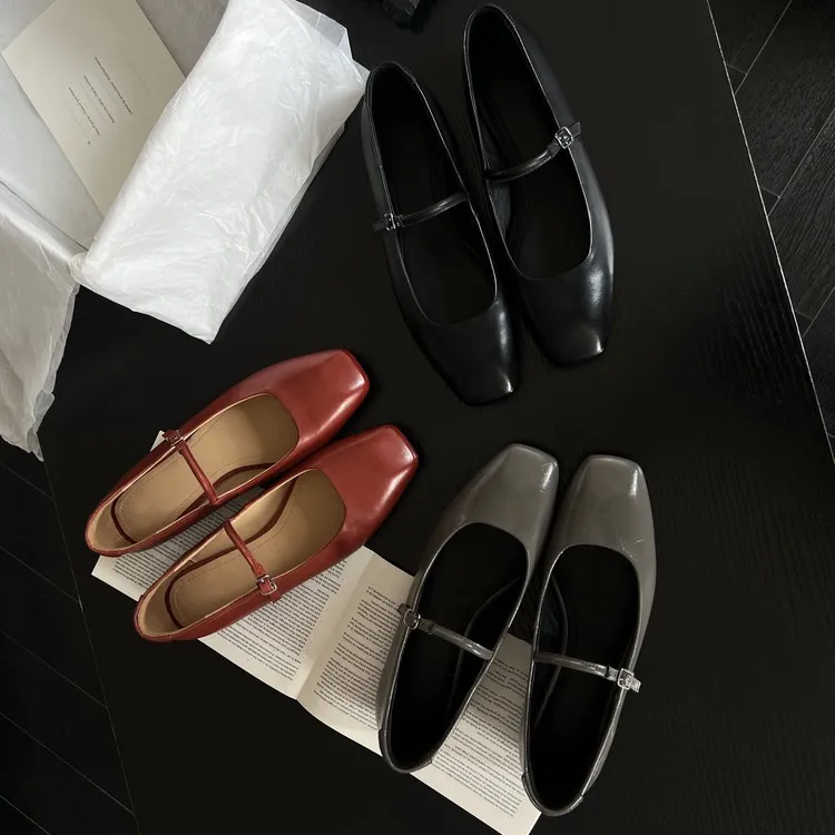 Spring/Summer Square Toe Flat Heel Buckle Shoes, Leather Solid Color Women's Shoes, Black, Red, Gray