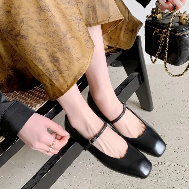 Spring/Summer Square Toe Flat Heel Buckle Shoes, Leather Solid Color Women's Shoes, Black, Red, Gray