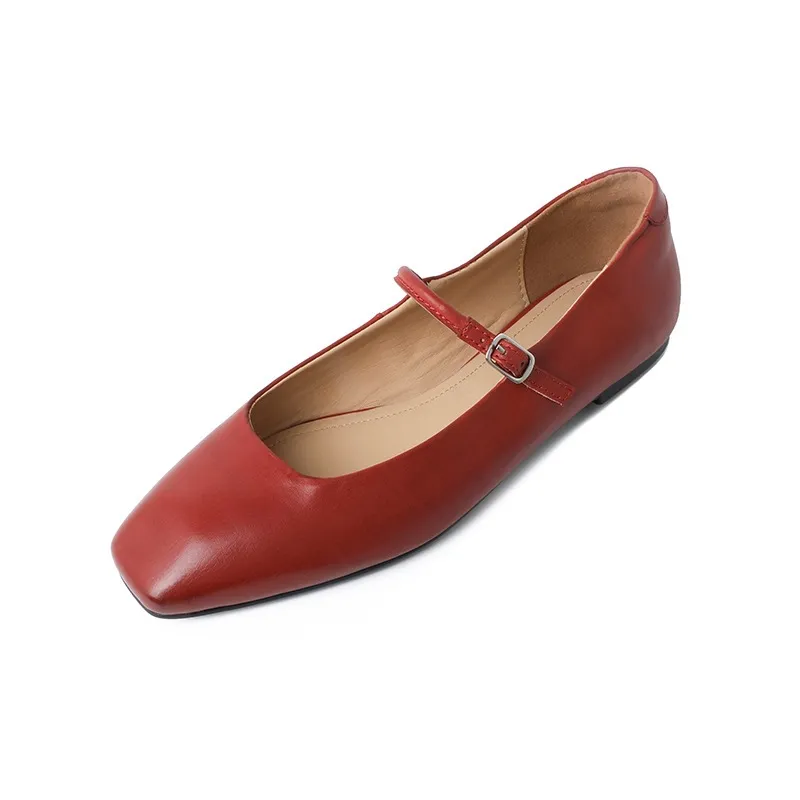 Spring/Summer Square Toe Flat Heel Buckle Shoes, Leather Solid Color Women's Shoes, Black, Red, Gray