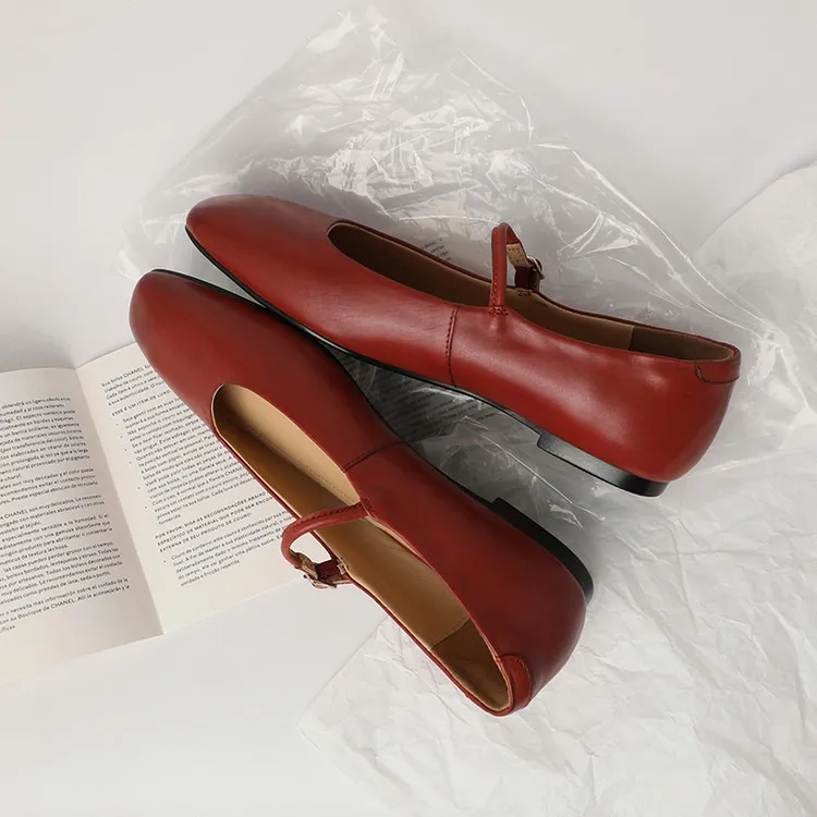 Spring/Summer Square Toe Flat Heel Buckle Shoes, Leather Solid Color Women's Shoes, Black, Red, Gray