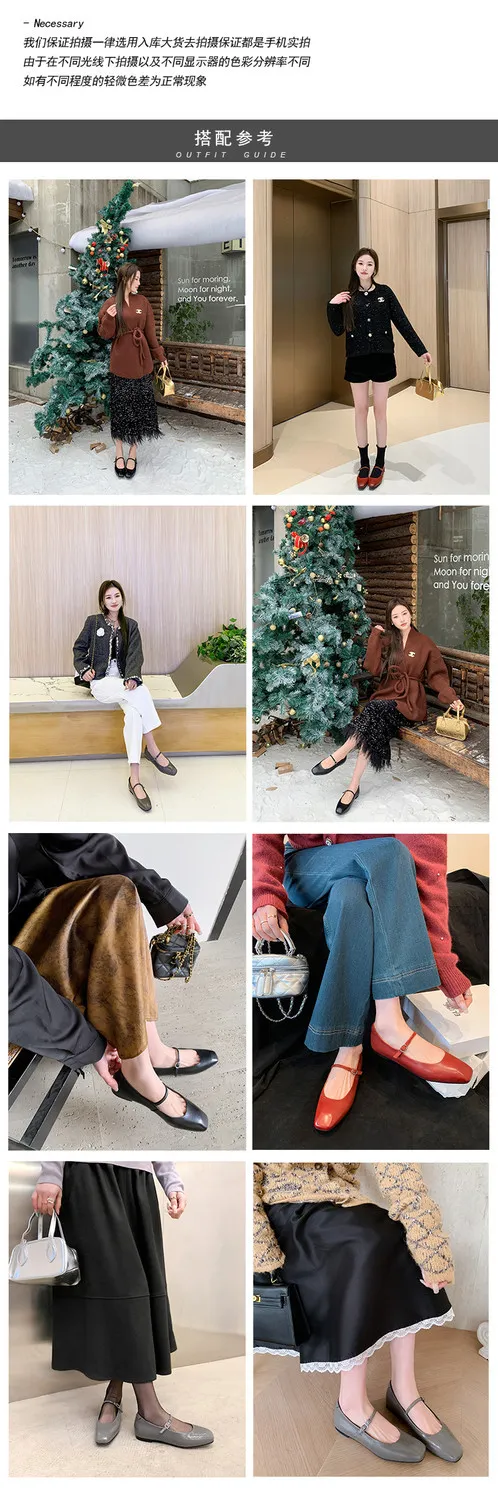 Spring/Summer Square Toe Flat Heel Buckle Shoes, Leather Solid Color Women's Shoes, Black, Red, Gray