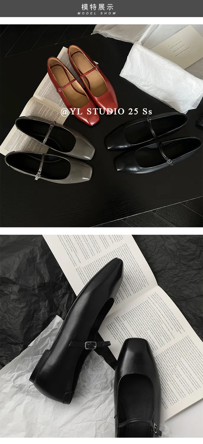 Spring/Summer Square Toe Flat Heel Buckle Shoes, Leather Solid Color Women's Shoes, Black, Red, Gray