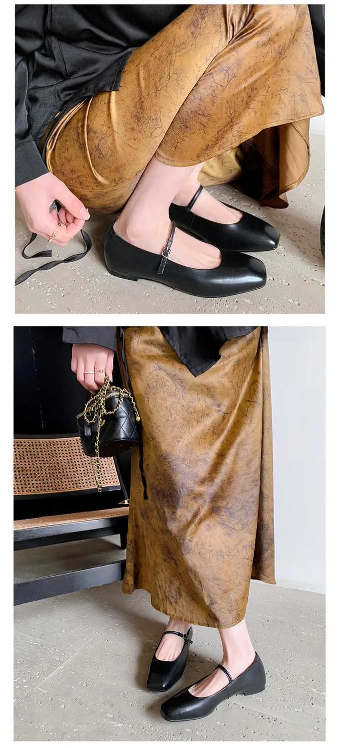 Spring/Summer Square Toe Flat Heel Buckle Shoes, Leather Solid Color Women's Shoes, Black, Red, Gray