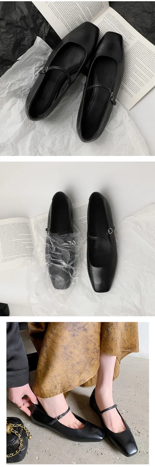 Spring/Summer Square Toe Flat Heel Buckle Shoes, Leather Solid Color Women's Shoes, Black, Red, Gray