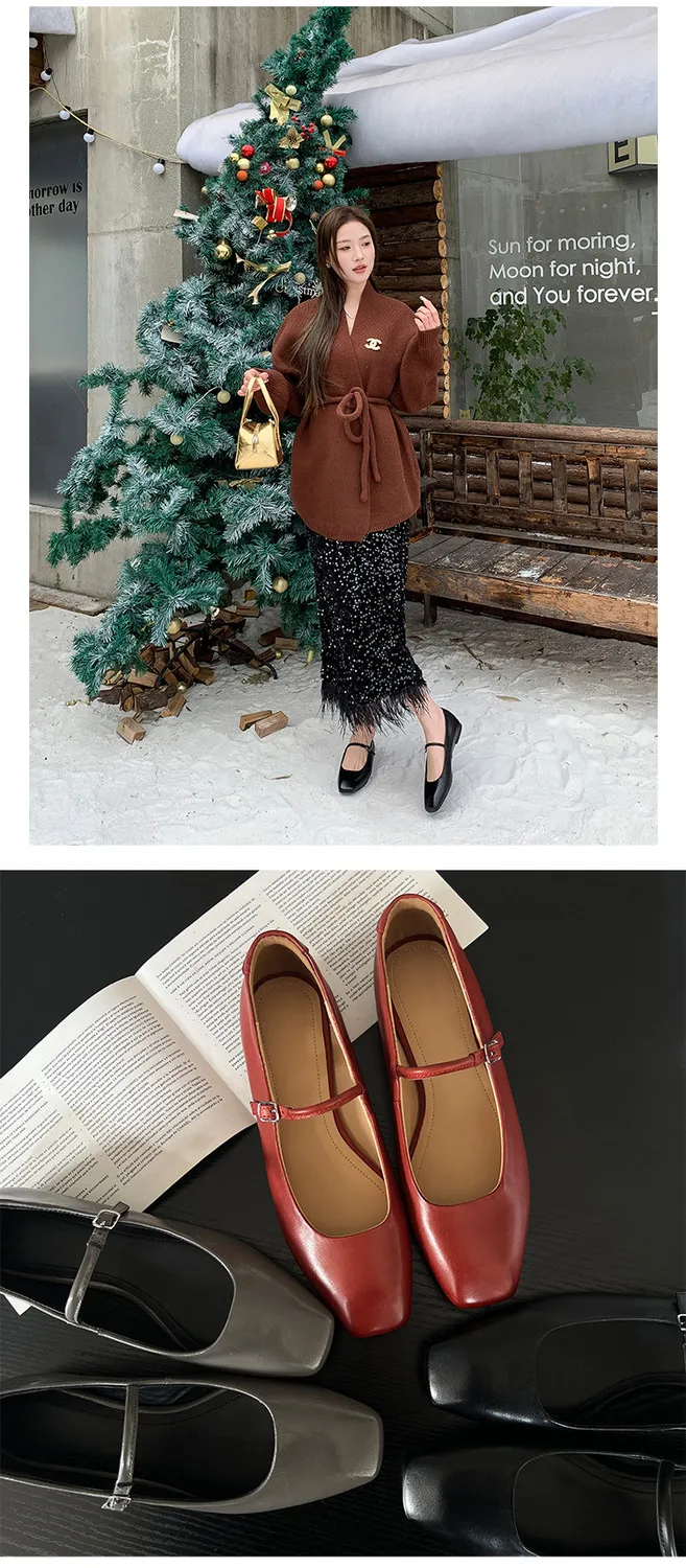 Spring/Summer Square Toe Flat Heel Buckle Shoes, Leather Solid Color Women's Shoes, Black, Red, Gray