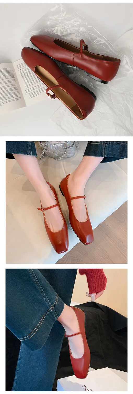 Spring/Summer Square Toe Flat Heel Buckle Shoes, Leather Solid Color Women's Shoes, Black, Red, Gray