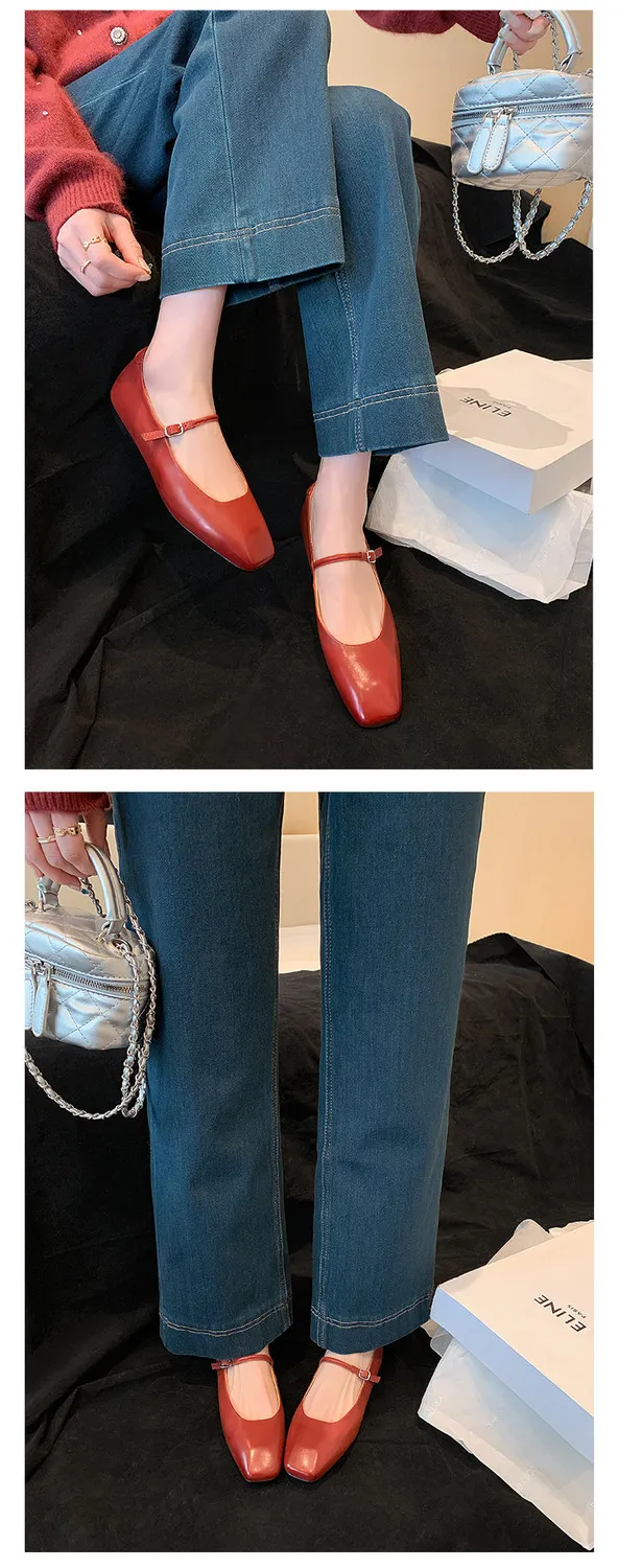 Spring/Summer Square Toe Flat Heel Buckle Shoes, Leather Solid Color Women's Shoes, Black, Red, Gray