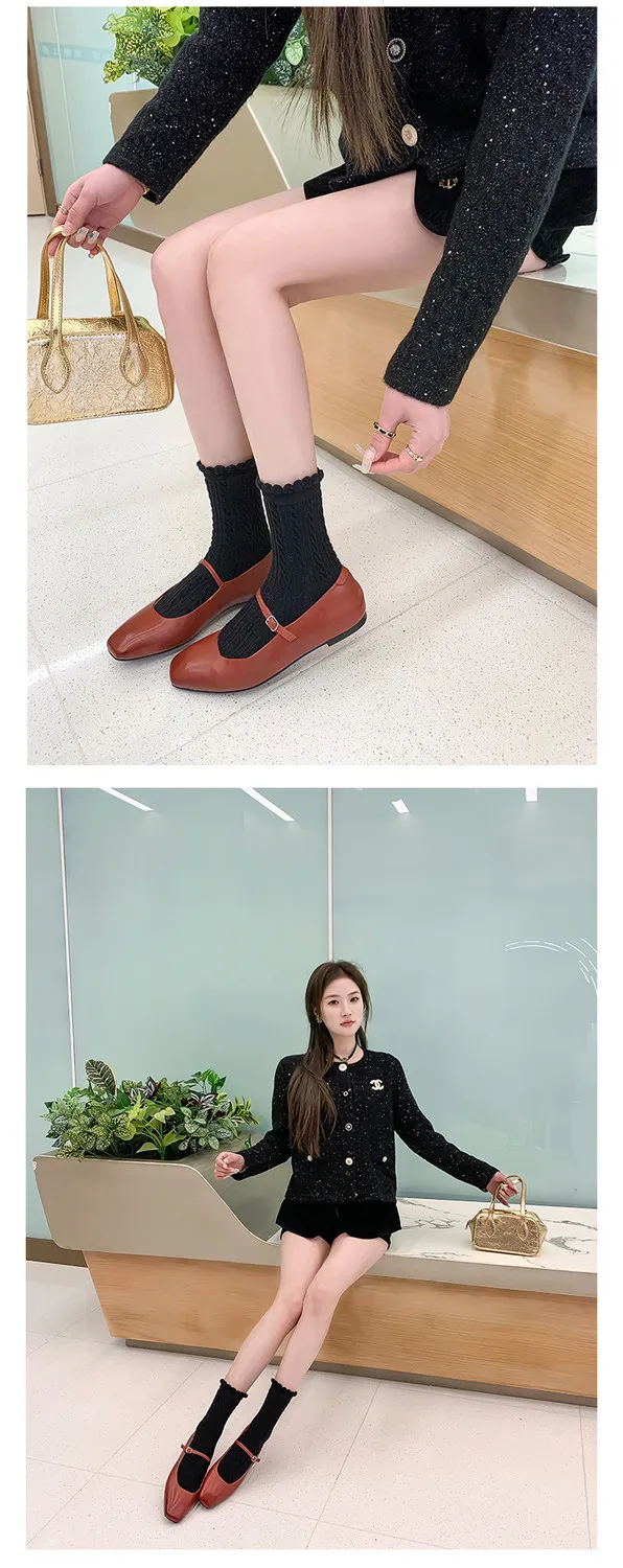 Spring/Summer Square Toe Flat Heel Buckle Shoes, Leather Solid Color Women's Shoes, Black, Red, Gray