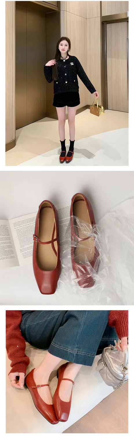 Spring/Summer Square Toe Flat Heel Buckle Shoes, Leather Solid Color Women's Shoes, Black, Red, Gray
