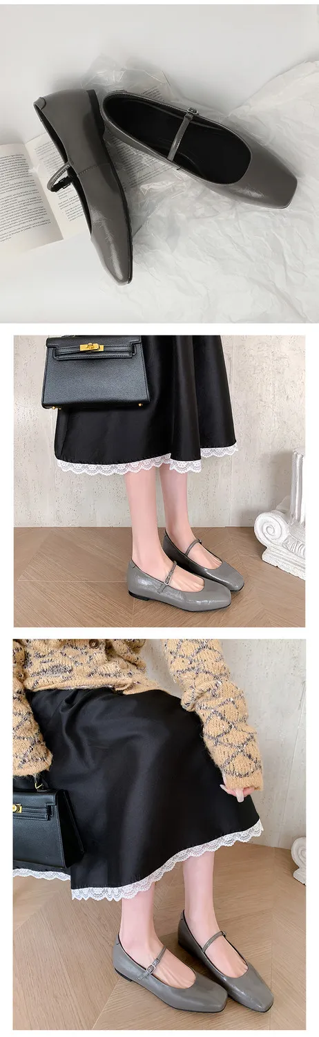 Spring/Summer Square Toe Flat Heel Buckle Shoes, Leather Solid Color Women's Shoes, Black, Red, Gray