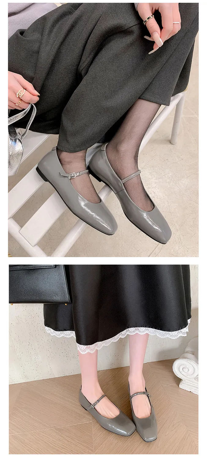 Spring/Summer Square Toe Flat Heel Buckle Shoes, Leather Solid Color Women's Shoes, Black, Red, Gray