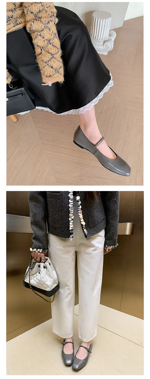 Spring/Summer Square Toe Flat Heel Buckle Shoes, Leather Solid Color Women's Shoes, Black, Red, Gray