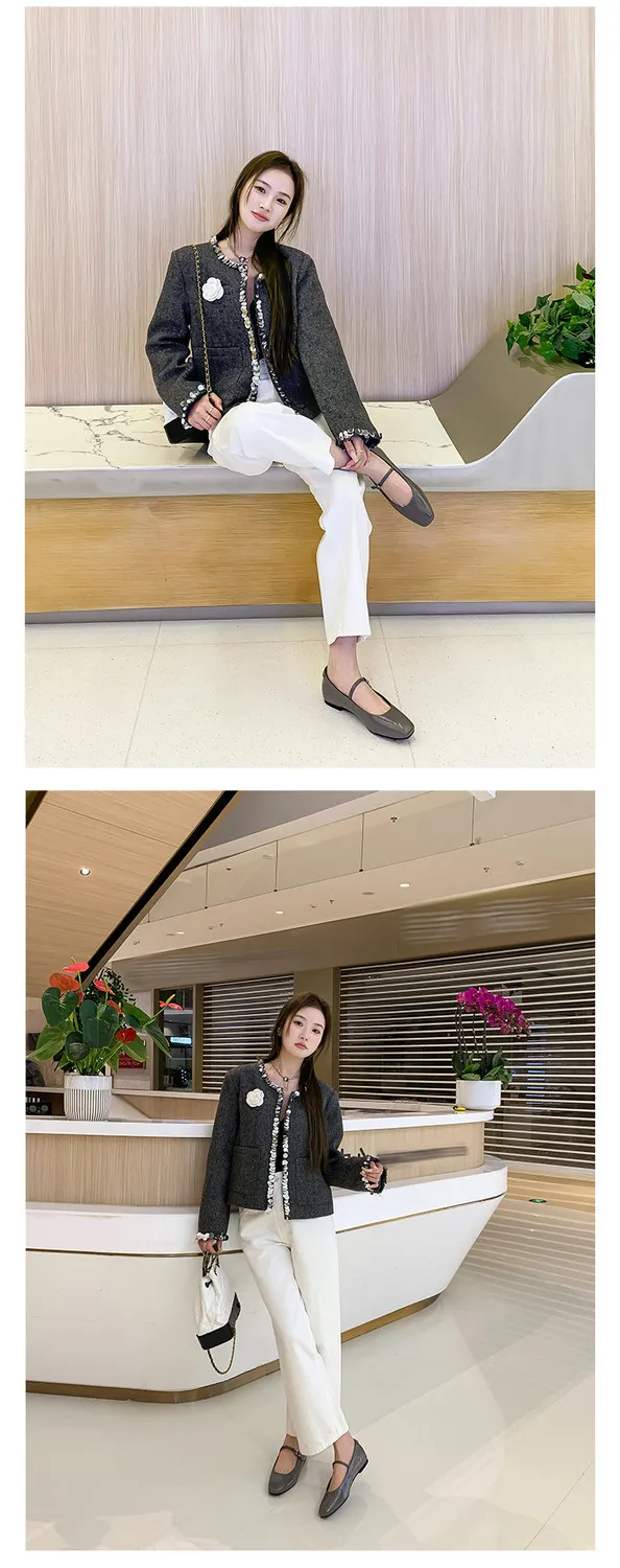 Spring/Summer Square Toe Flat Heel Buckle Shoes, Leather Solid Color Women's Shoes, Black, Red, Gray