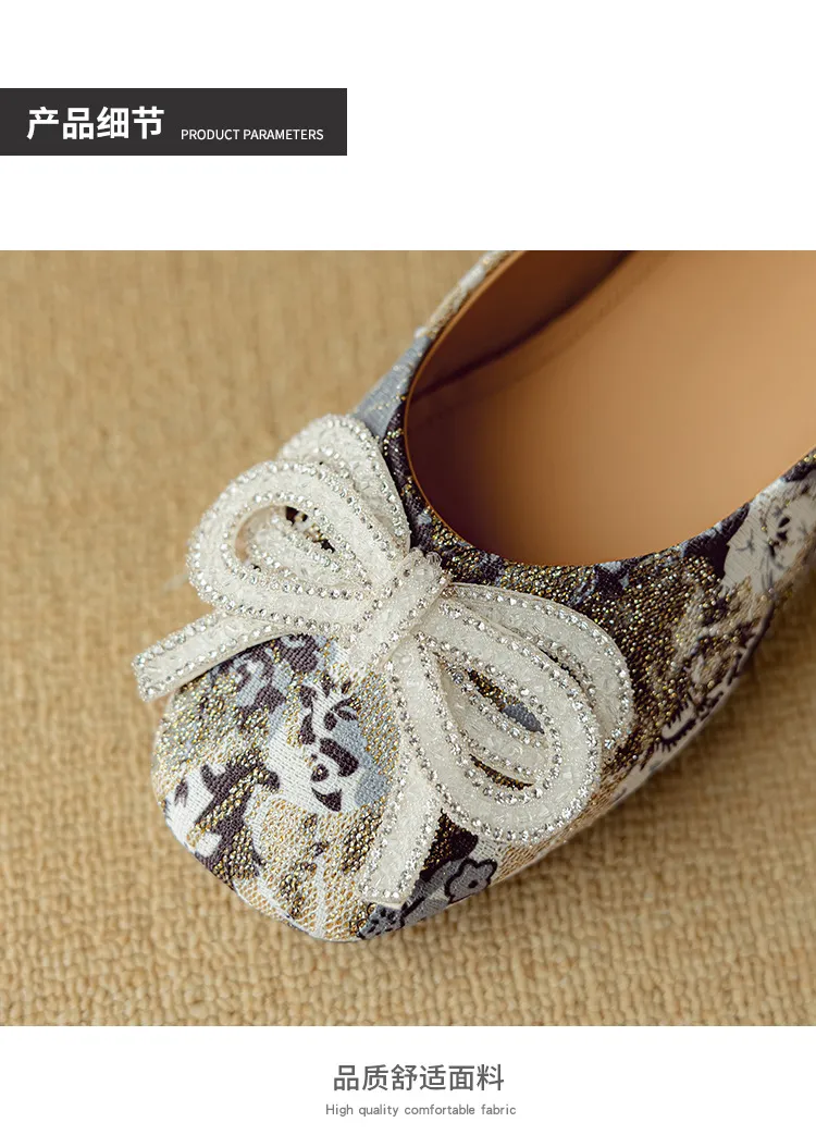 Spring/Summer Square Toe Flat Shoes with Embroidery, Chinese Style, Comfortable, and Bow-Tie